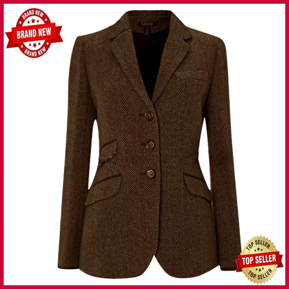 Vintage Herringbone Blazer Notch Lapel Single Breasted Wool Blend Business